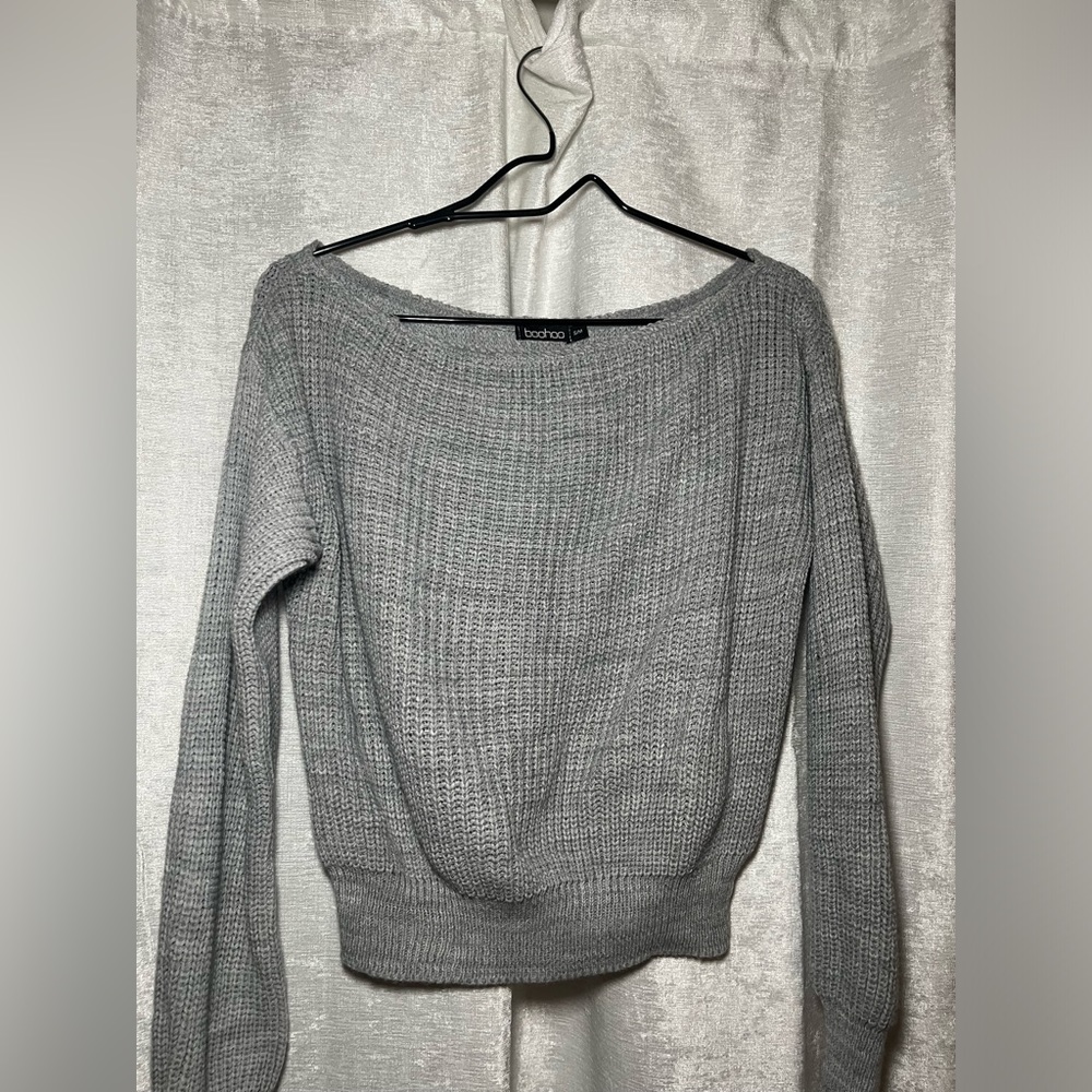 Gray Off The Shoulder Crochet Casual Sweater. Size S